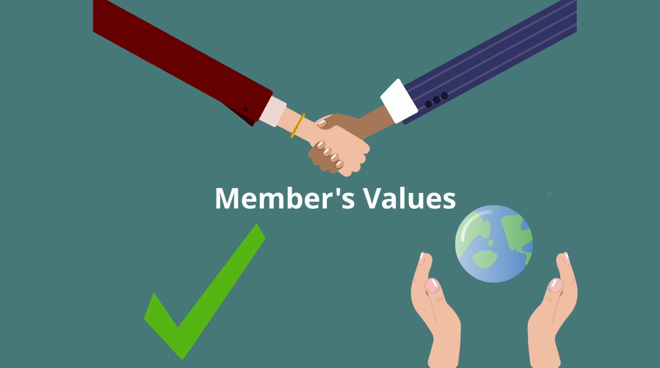 Member's values text with images of a globe, hands shaking and a green tick